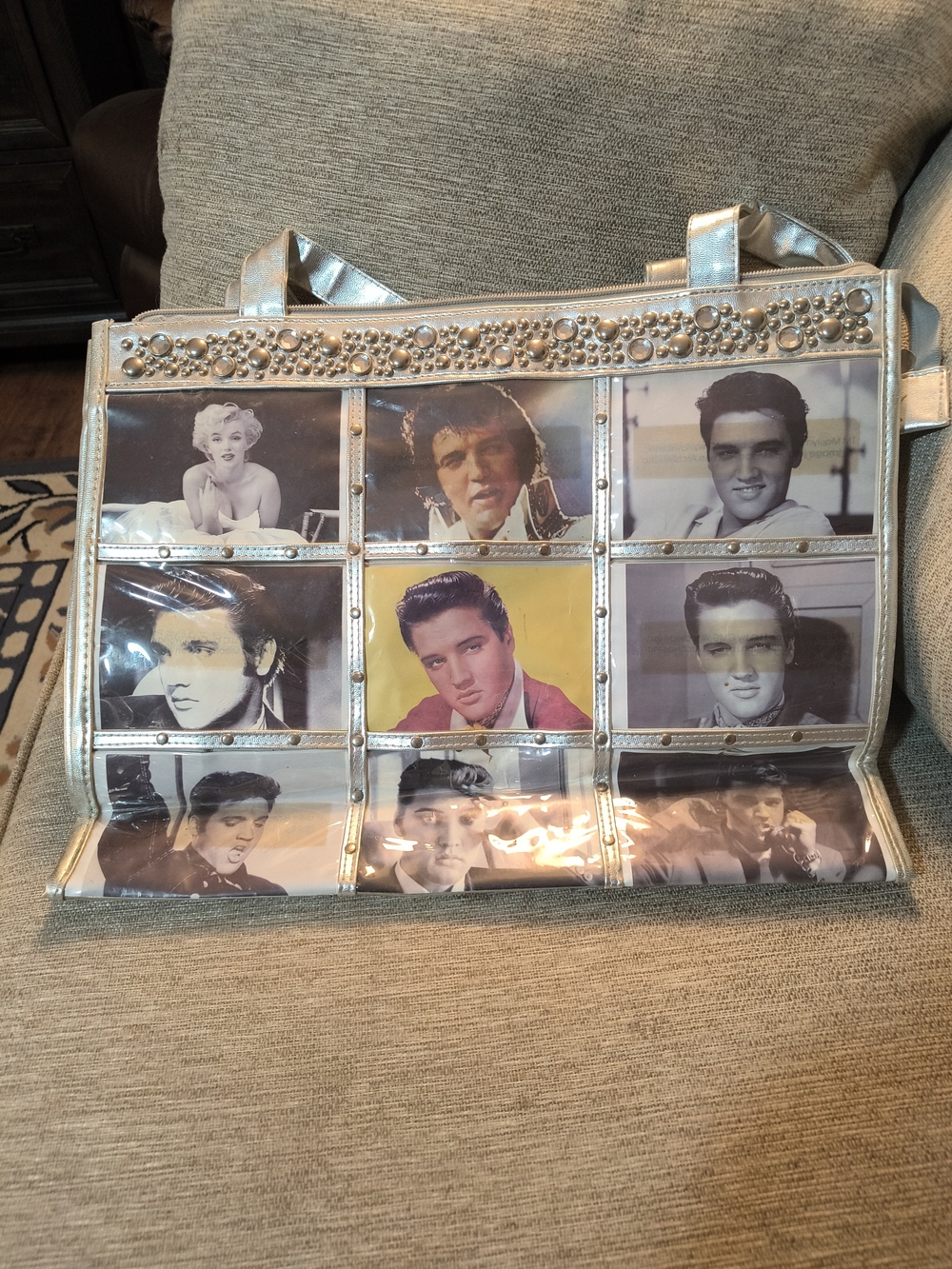 Silver Vinyl Photo Tote Bag with Elvis & Marilyn Collage
